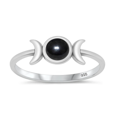 Sterling Silver Oxidized 6.2mm Moon Black Agate Stone Ring