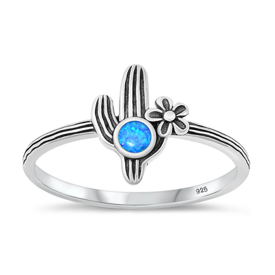 Sterling Silver Oxidized Cactus And Flower Blue Lab Opal Ring