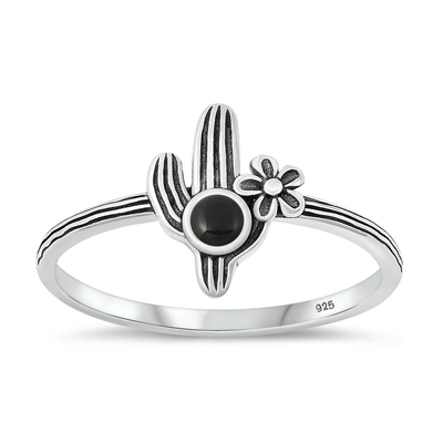 Sterling Silver Oxidized Cactus Black Agate Stone Ring