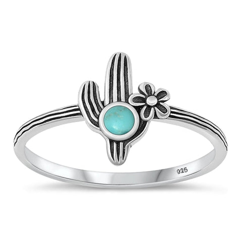 Sterling Silver Oxidized Cactus Genuine Turquoise Ring-11.8mm