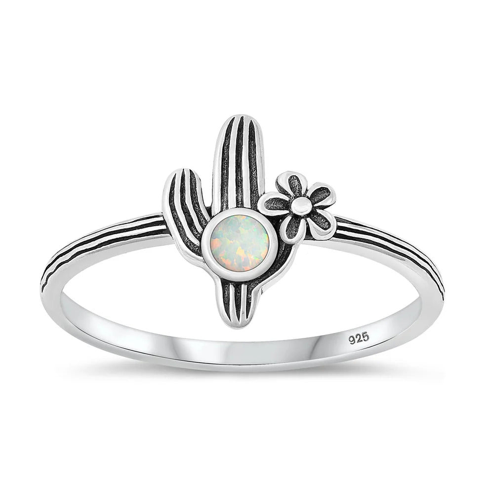 Sterling Silver Oxidized And Polished Cactus White Lab Opal Ring