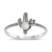 Load image into Gallery viewer, Sterling Silver Oxidized And Polished Cactus White Lab Opal Ring