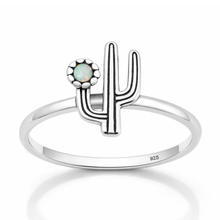 Load image into Gallery viewer, Sterling Silver Oxidized And Polished Cactus White Lab Opal Ring