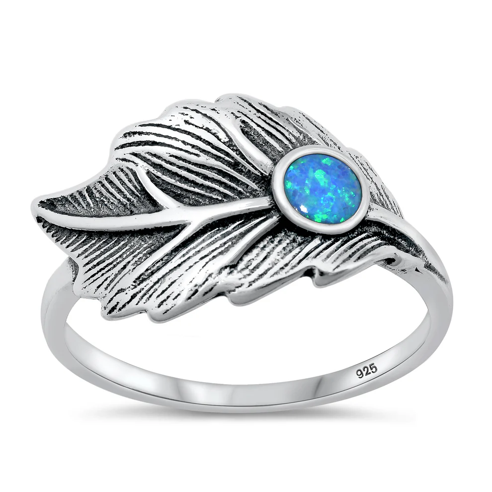 Sterling Silver Oxidized Leaf Blue Lab Opal Ring