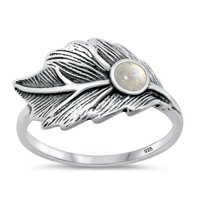 Sterling Silver Oxidized Leaf Moonstone Stone Ring