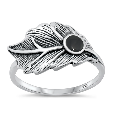 Sterling Silver Oxidized Leaf Black Agate Stone Ring