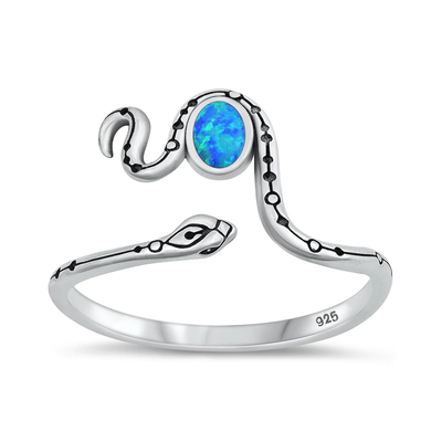 Sterling Silver Oxidized 11.8mm Snake Blue Lab Opal Ring