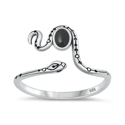 Sterling Silver Oxidized 11.8mm Snake Black Agate Stone Ring