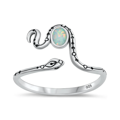 Sterling Silver Rhodium Plated Snake White Lab Opal Ring