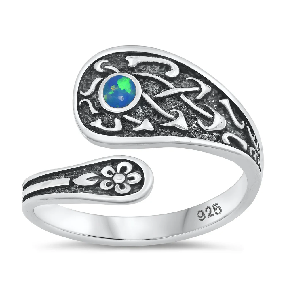 Sterling Silver Oxidized 16.4mm Spoon Blue Lab Opal Ring