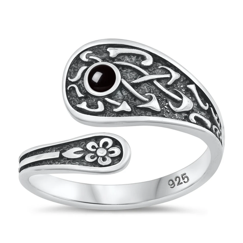 Sterling Silver Oxidized 16.4mm Spoon Black Agate Stone Ring