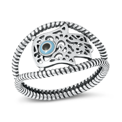 Sterling Silver Oxidized 13.8mm Hamsa And Evil Eye Ring