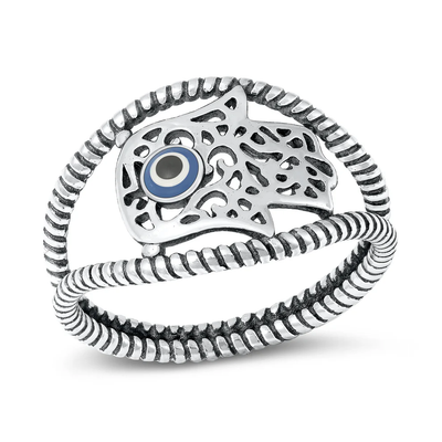 Sterling Silver Oxidized Hamsa And Evil Eye Ring