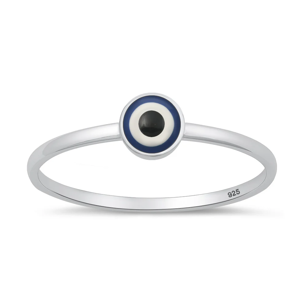 Sterling Silver Rhodium Plated Small Round Evil Eye Ring