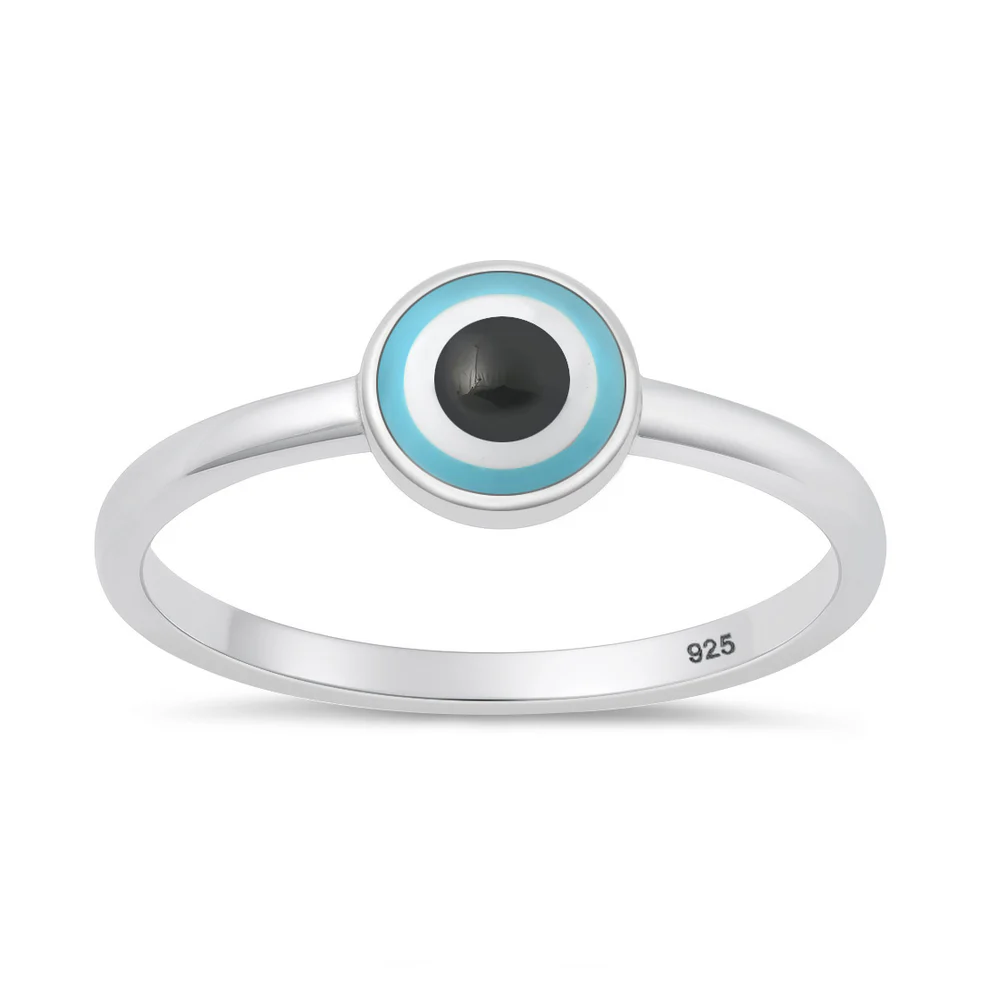 Sterling Silver Polished 6.4mm Enamel Evil Eye Ring