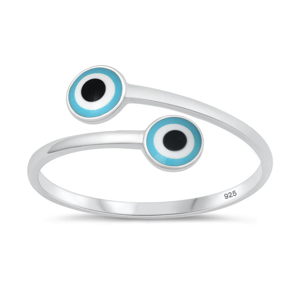 Sterling Silver Rhodium Plated Enamel Inlay Double Evil Eye Ring