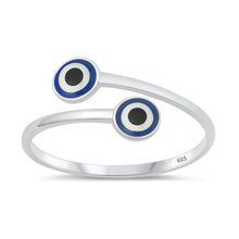 Load image into Gallery viewer, Sterling Silver Rhodium Plated Enamel Inlay Blue Double Evil Eye Ring
