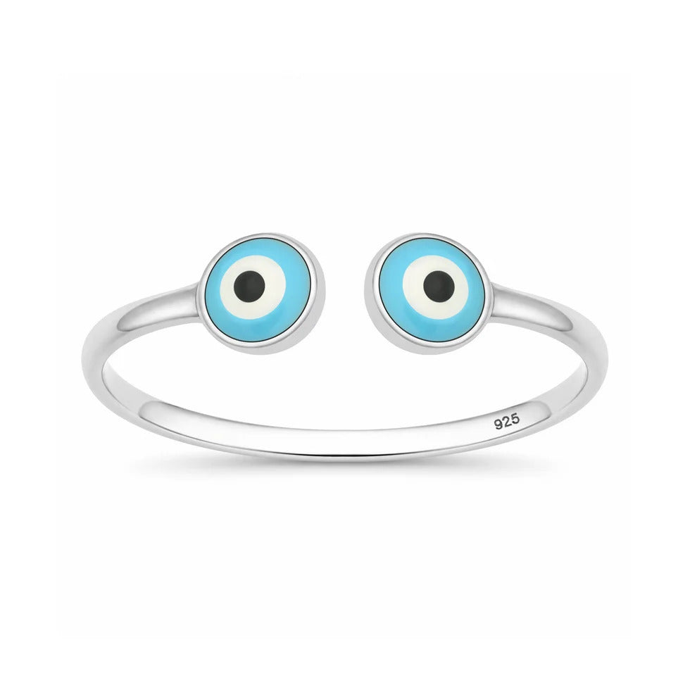 Sterling Silver Rhodium Plated Light Blue Evil Eye Ring