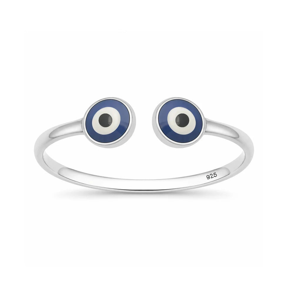 Sterling Silver Rhodium Plated Dark Blue Evil Eye Ring