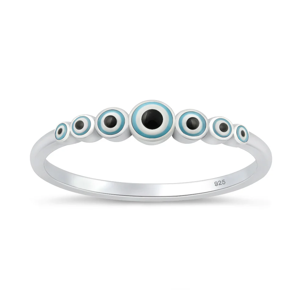 Sterling Silver Rhodium Plated 3.8mm Enamel Inlay Evil Eye Band Ring