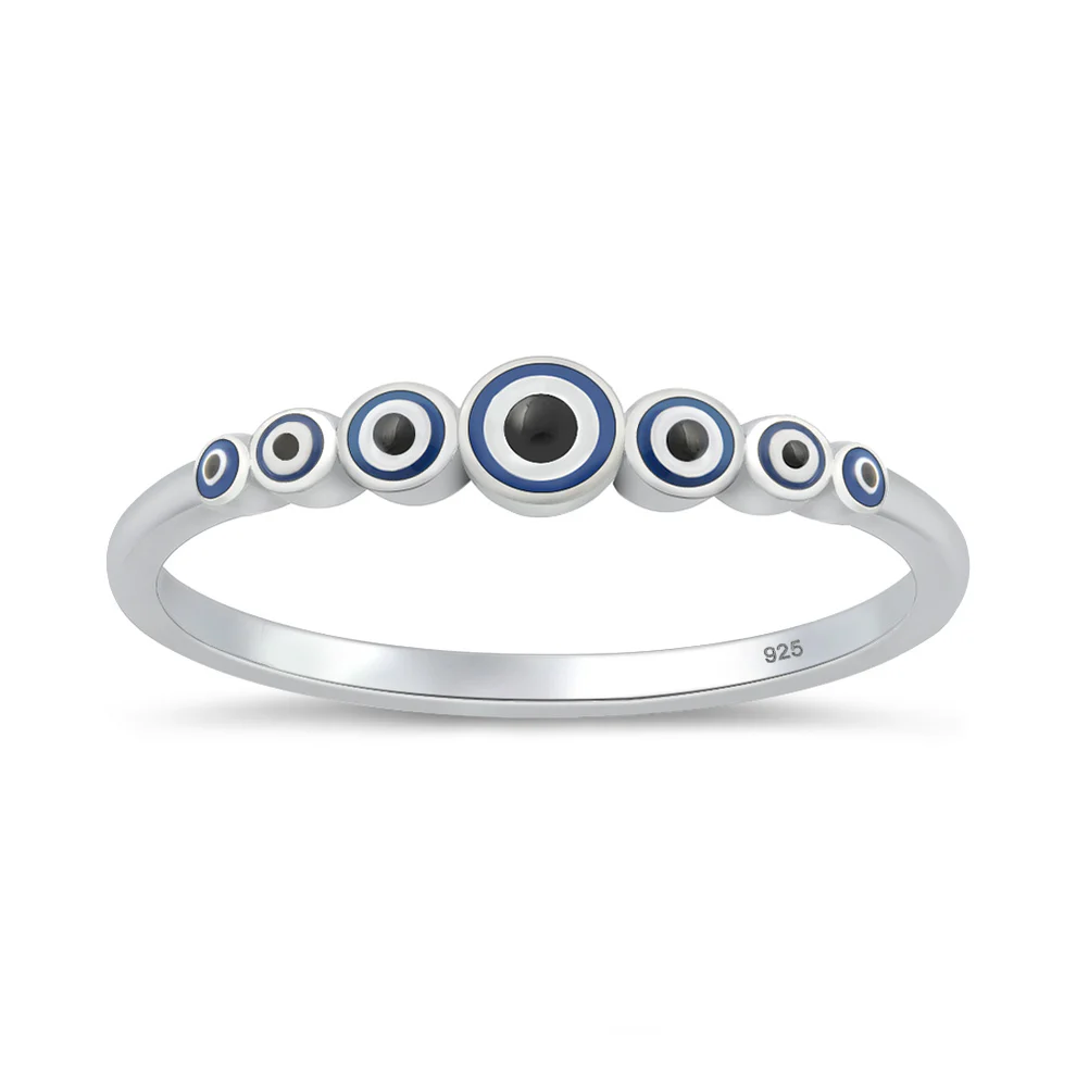 Sterling Silver Rhodium Plated Enamel Inlay Graduating Evil Eye Ring