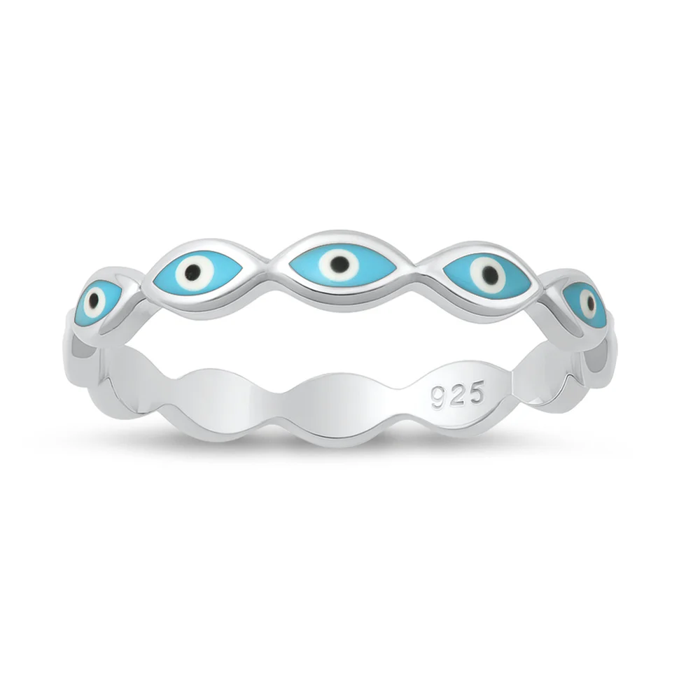 Sterling Silver Rhodium Plated 3.4mm Enamel Inlay Evil Eye Band Ring