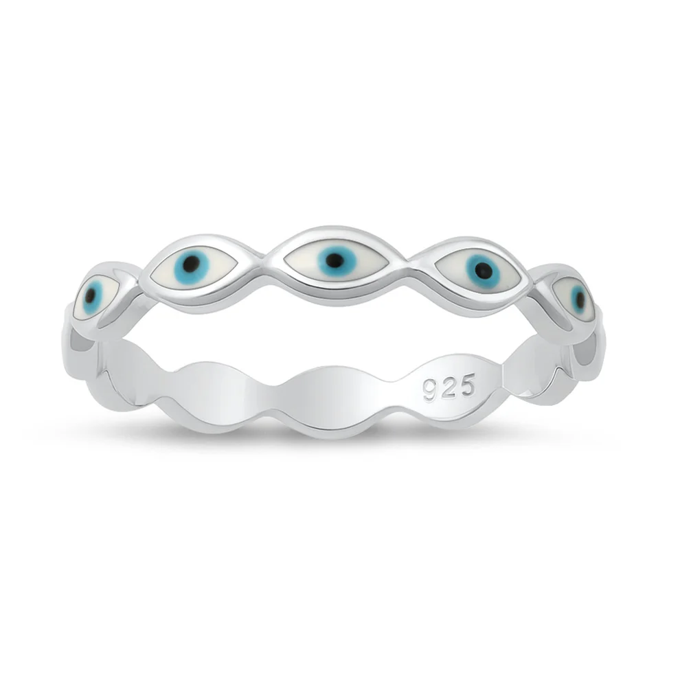 Sterling Silver Rhodium Plated Enamel Inlay Evil Eye Band Ring