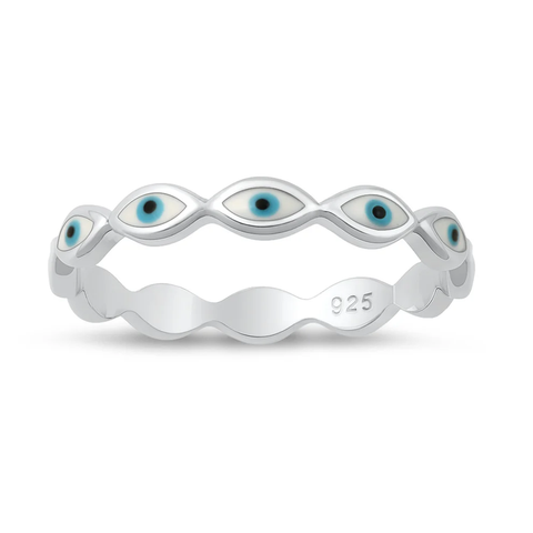 Sterling Silver Rhodium Plated Enamel Inlay Evil Eye Band Ring