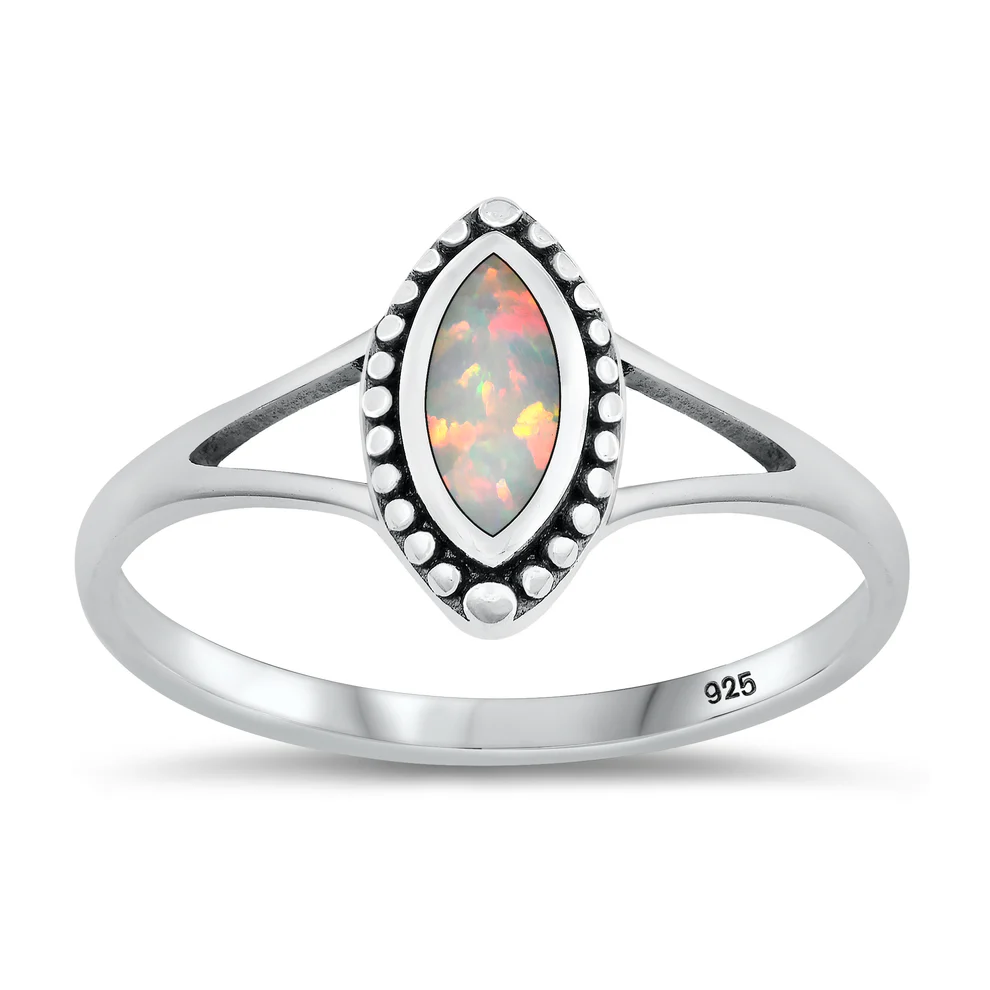 Sterling Silver Oxidized White Lab Opal Ring