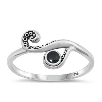Sterling Silver Oxidized Tentacle Black Agate Stone Ring