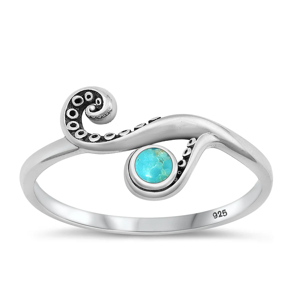 Sterling Silver Oxidized 11mm Tentacle Genuine Turquoise Stone Ring