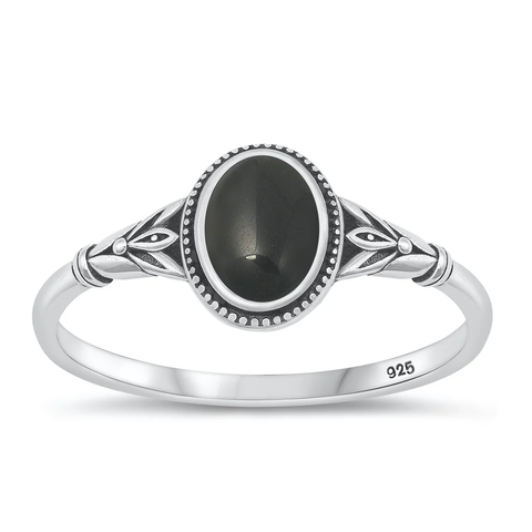 Sterling Silver Oxidized Oval Black Agate Stone Ring