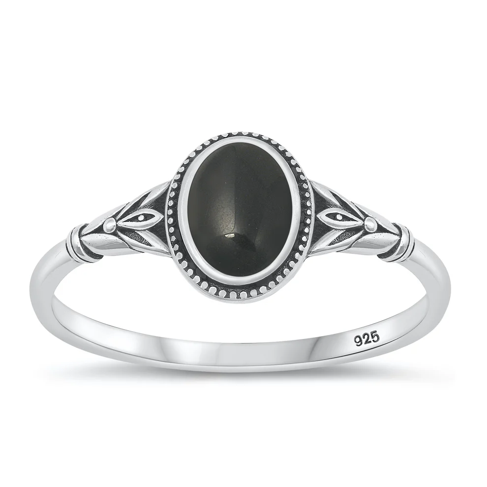 Sterling Silver Oxidized 9.3mm Black Agate Stone Ring