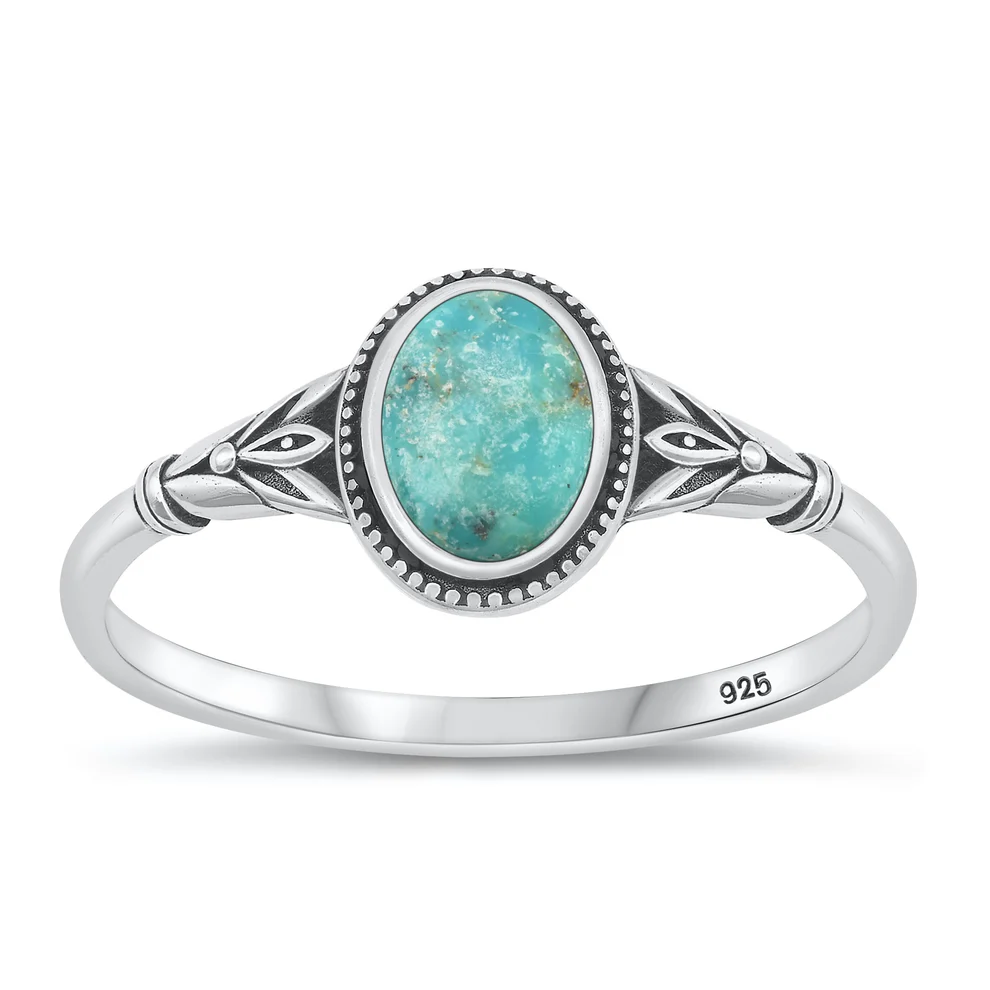 Sterling Silver Oxidized 9.3mm Oval Genuine Turquoise Stone Ring