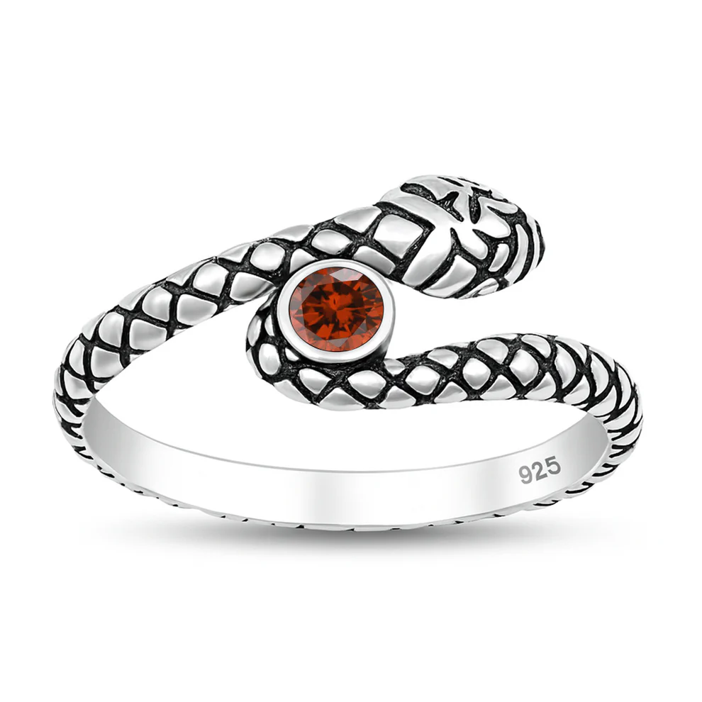Sterling Silver Oxidized And Polished Snake Garnet CZ Ring