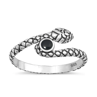Sterling Silver Oxidized 9.5mm Snake Black Agate Stone Ring