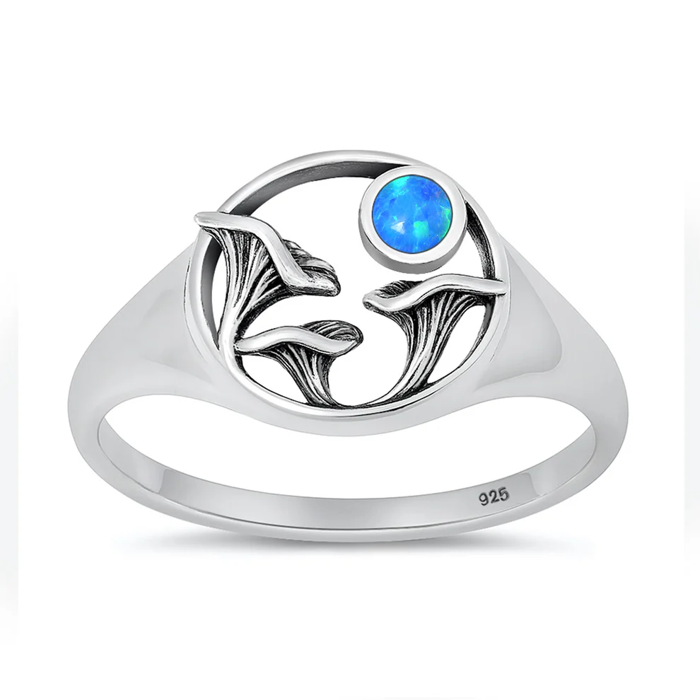 Sterling Silver Oxidized And Polished Mushrooms Blue Lab Opal Ring