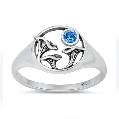 Sterling Silver Oxidized And Polished Mushrooms Blue Topaz Stone Ring