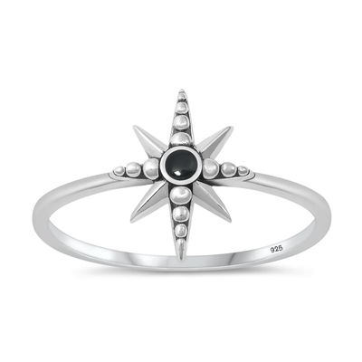 Sterling Silver Oxidized North Star Black Agate Stone Ring