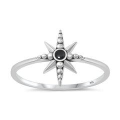 Sterling Silver Oxidized North Star Black Agate Stone Ring