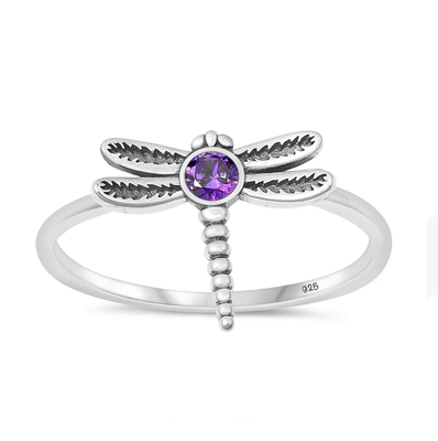 Sterling Silver Oxidized Dragonfly Amethyst CZ Ring