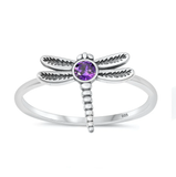 Sterling Silver Oxidized Dragonfly Amethyst CZ Ring