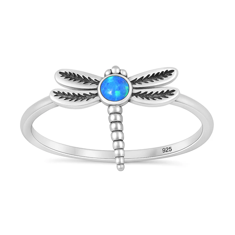 Sterling Silver Oxidized And Polished Dragonfly Blue Lab Opal Ring