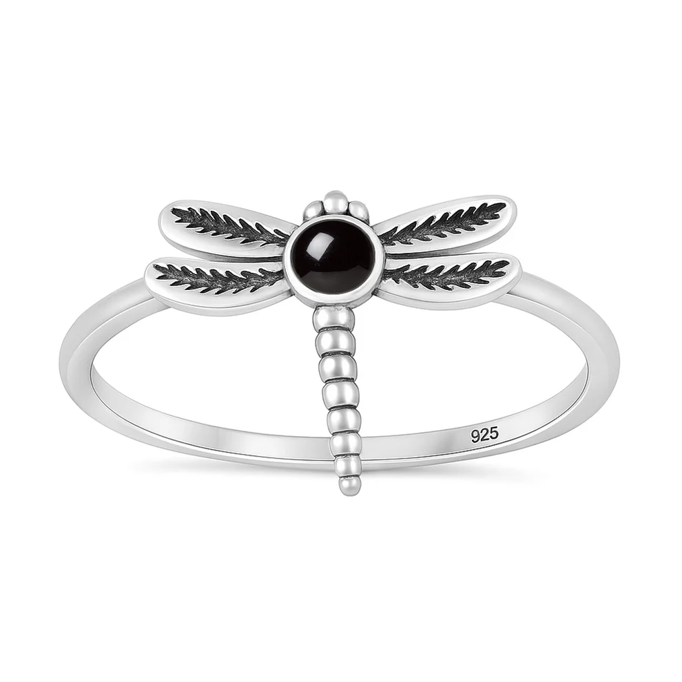 Sterling Silver Oxidized And Polished Dragonfly Black Agate Stone Ring