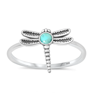 Sterling Silver Oxidized Dragonfly Genuine Turquoise Stone Ring
