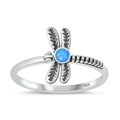 Sterling Silver Oxidized Dragonfly Blue Lab Opal Ring