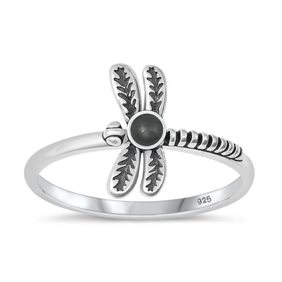 Sterling Silver Oxidized Dragonfly Black Agate Stone Ring