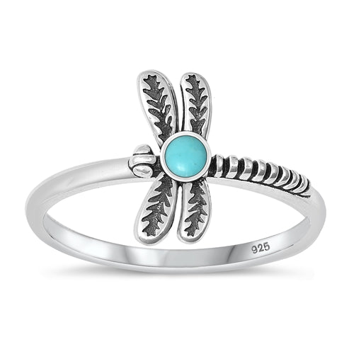 Sterling Silver Oxidized Dragonfly Genuine Turquoise Ring-13mm