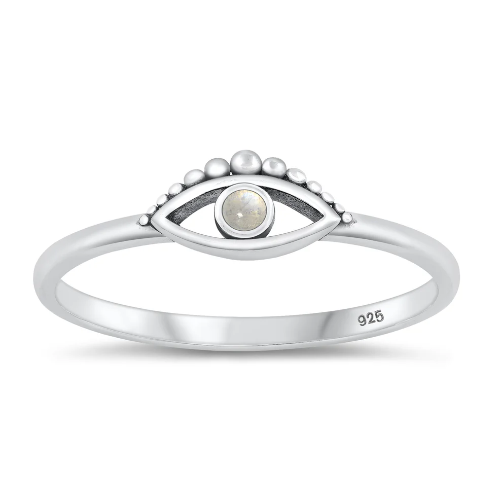Sterling Silver Oxidized Moonstone Evil Eye Ring