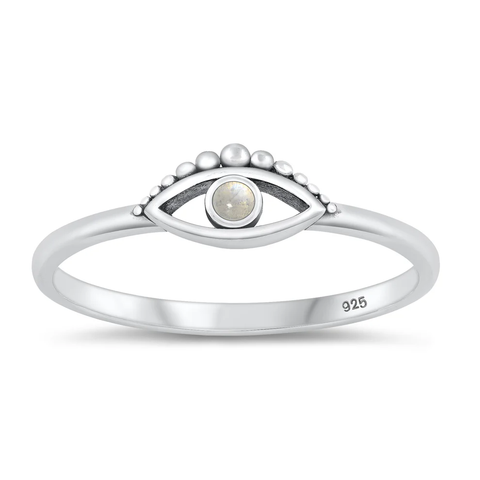 Sterling Silver Oxidized Moonstone Evil Eye Ring